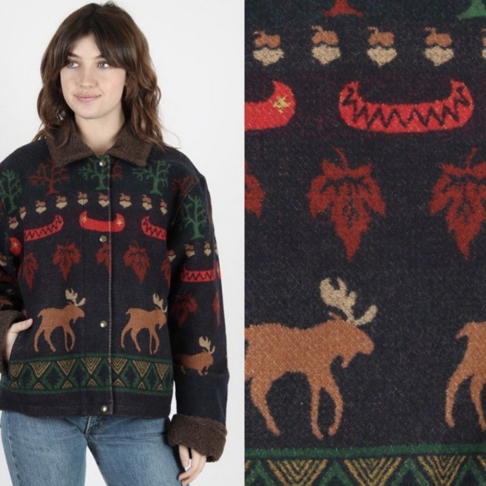 PENDLETON Vintage Wool Animal Elk Aztec Shearling Jacket